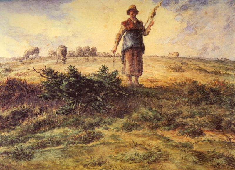 Jean-Franc Millet A Shepherdess and her Flock Watercolour heightened with white oil painting picture